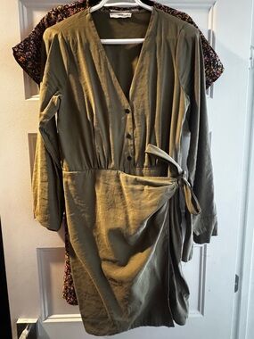 Mango Olive Green Mini Wrap Dress with Tie Waist